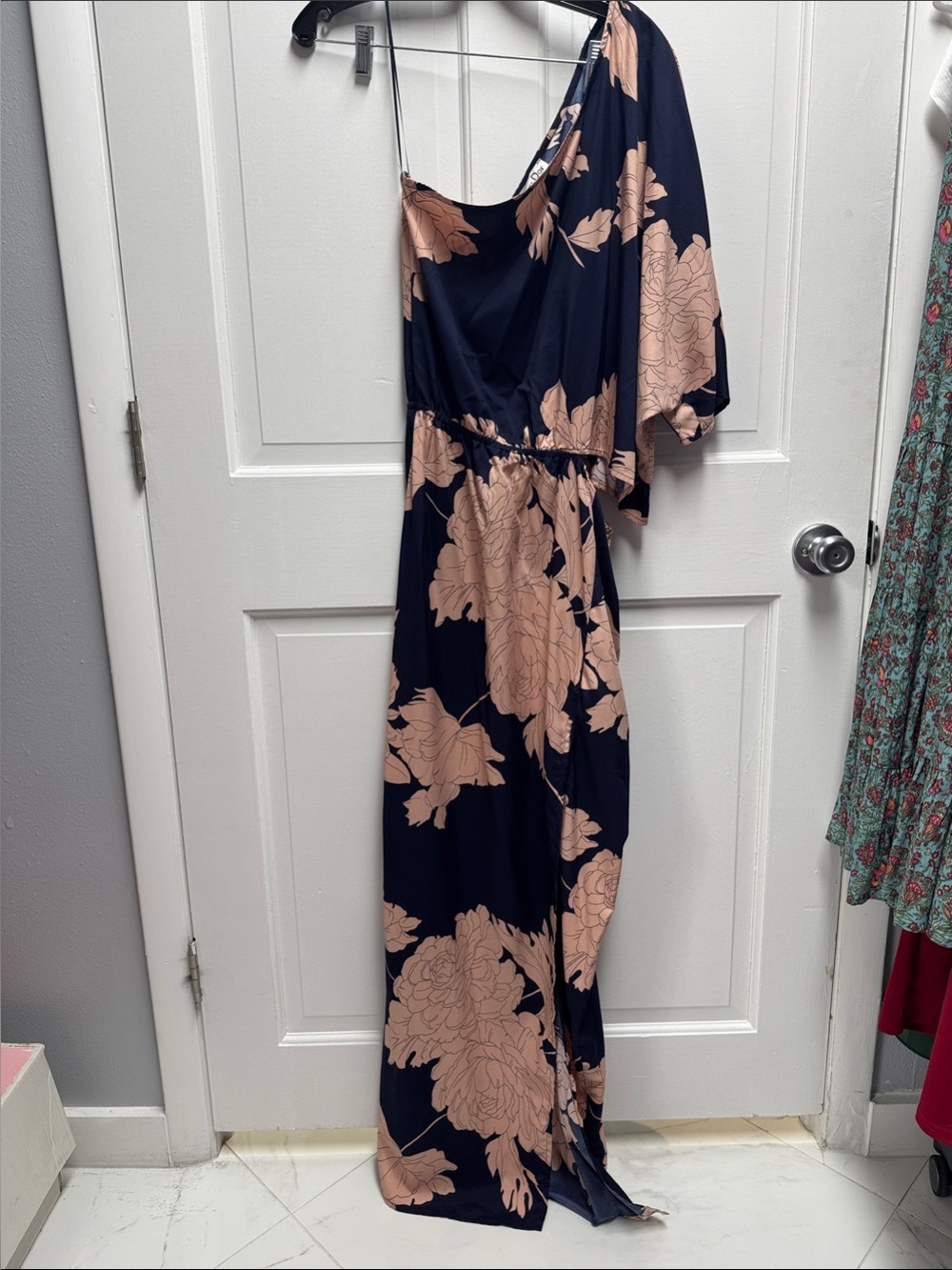 One-Shoulder Navy and Blush Floral Maxi Dress from Baltic Born